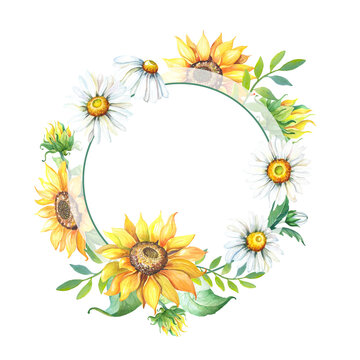 Wreath of yellow sunflower,white chamomile.Frame of gelianthus, daisy. Greeting card