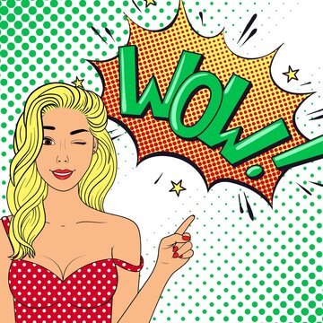 Winking woman with speech bubble with text ""WoW"".Comic woman. Pop Art vintage vector illustration