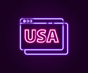 Glowing neon line USA United states of america on browser icon isolated on black background. Colorful outline concept. Vector