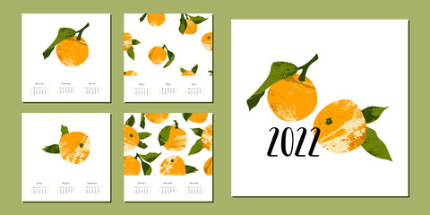 Calendar 2022, 12 months. Week start from Sunday. Event planner, organizer, schedule page design, weekly timetable. Mandarin, tangerine, orange, citrus fruit. Vector flat cartoon illustration