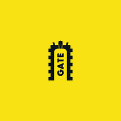 Black castle gate vector logo design with yellow background