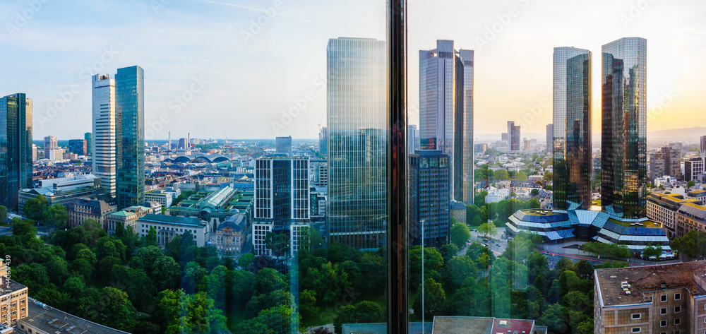 Poster From the window with sunset in Frankfurt skyline