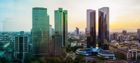 From the window with sunset in Frankfurt skyline