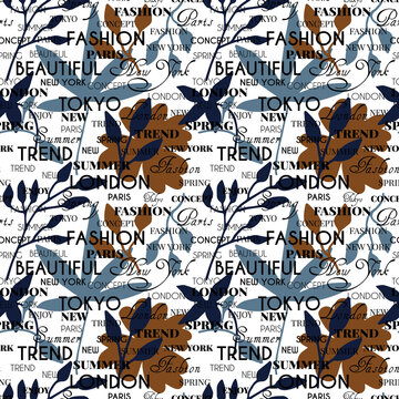 seamless repeating pattern with plants and words. vector illustration. fashion style