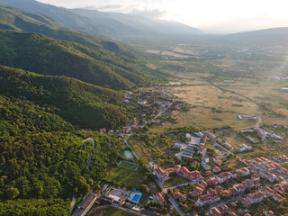Fototapeta na wymiar Aerial Sunset view of town of Petrich, Blagoevgrad region, Bulgaria