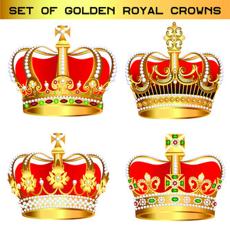 Illustration set of golden royal crowns on white background