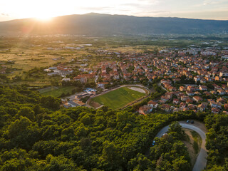 Aerial Sunset view of town of Petrich, Blagoevgrad region, Bulgaria