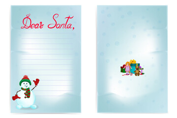 Blank form for Christmas wish list. Front and back. The inscription Dear Santa. Images of a fun snowman and gifts with children's toys and boxes with surprises. Vector illustration in cartoon style.