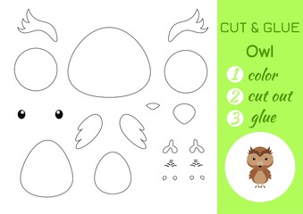 Color, cut and glue paper little owl. Cut and paste crafts activity page. Educational game for preschool children. DIY worksheet. Kids logic game, puzzle. Vector stock illustration.
