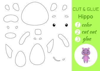 Color, cut and glue paper little hippo. Cut and paste crafts activity page. Educational game for preschool children. DIY worksheet. Kids logic game, puzzle. Vector stock illustration.