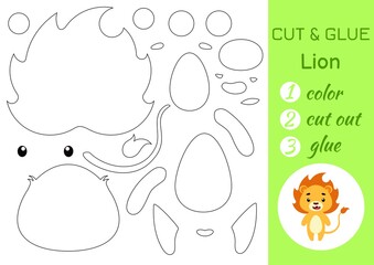 Color, cut and glue paper little lion. Cut and paste crafts activity page. Educational game for preschool children. DIY worksheet. Kids logic game, puzzle. Vector stock illustration.