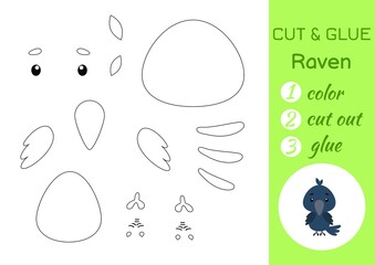 Color, cut and glue paper little raven. Cut and paste crafts activity page. Educational game for preschool children. DIY worksheet. Kids logic game, puzzle. Vector stock illustration.