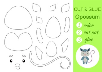 Color, cut and glue paper little opossum. Cut and paste crafts activity page. Educational game for preschool children. DIY worksheet. Kids logic game, puzzle. Vector stock illustration.