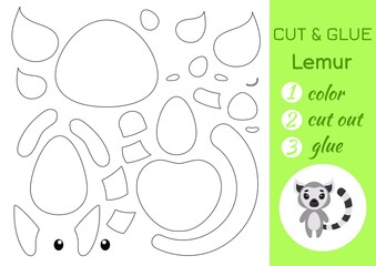 Color, cut and glue paper little lemur. Cut and paste crafts activity page. Educational game for preschool children. DIY worksheet. Kids logic game, puzzle. Vector stock illustration.