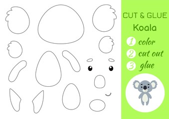Color, cut and glue paper little koala. Cut and paste crafts activity page. Educational game for preschool children. DIY worksheet. Kids logic game, puzzle. Vector stock illustration.