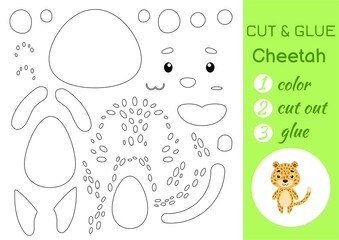 Color, cut and glue paper little cheetah. Cut and paste crafts activity page. Educational game for preschool children. DIY worksheet. Kids logic game, puzzle. Vector stock illustration.