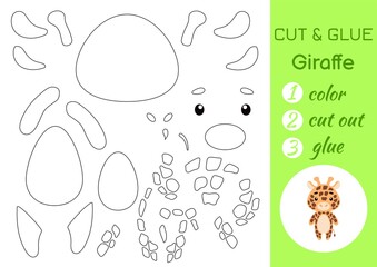 Color, cut and glue paper little giraffe. Cut and paste crafts activity page. Educational game for preschool children. DIY worksheet. Kids logic game, puzzle. Vector stock illustration.