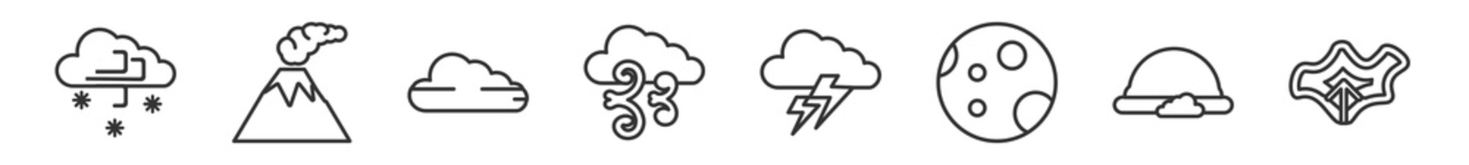 outline set of weather line icons. linear vector icons such as snow storms, volcano, foggy day, wind, light bolt, isobars. vector illustration. - obrazy, fototapety, plakaty