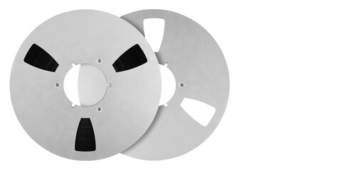 Music and sound - Two closeup 265 mm Aluminum reel Magnetic tapes for nab isolated