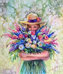 Fototapeta na wymiar Watercolor summertime. Young girl with a bouquet of flowers. Design element. 