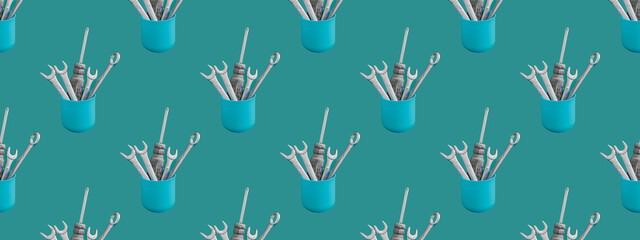 Creative still life in minimalism style, vase with working tools: screwdriver, wrenches on a colored background. Concept greeting card. Seamless pattern.Banner