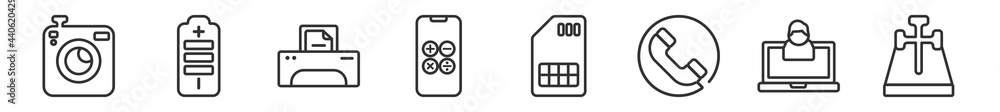 Poster outline set of technology line icons. linear vector icons such as retro squa camera, small battery w