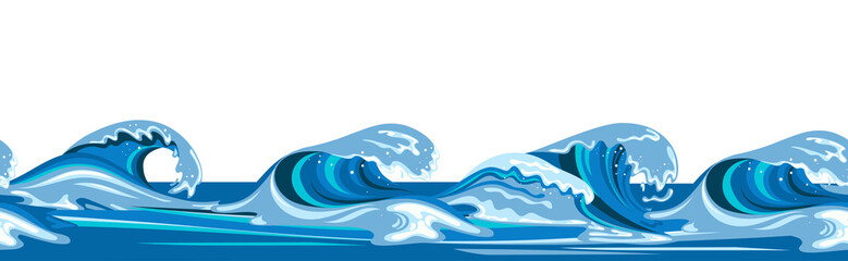 Tsumani wave seamless background in flat cartoon style. Big blue tropical water splash with white foam. Vector illustration
