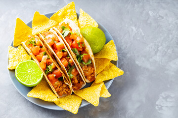 Mexican tacos and nacho chips on a plate. Tacos and tortilla chips on a gray background. Hispanic...