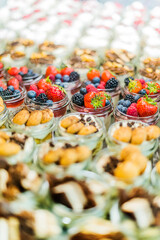 Assorted bio desserts presented in a cafe refrigerator