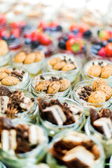 Assorted bio desserts presented in a cafe refrigerator