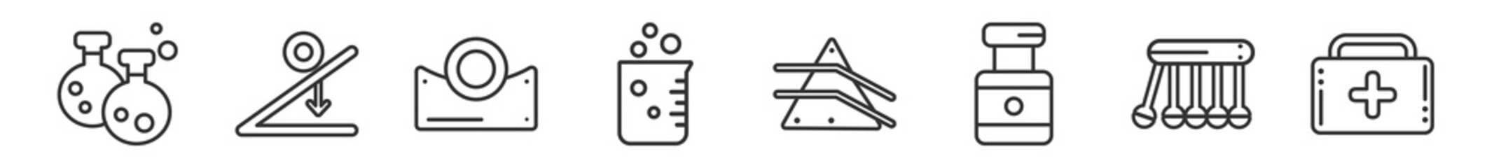 Obraz premium outline set of science line icons. linear vector icons such as flasks, newton, concave, beaker, refraction, medicines. vector illustration.