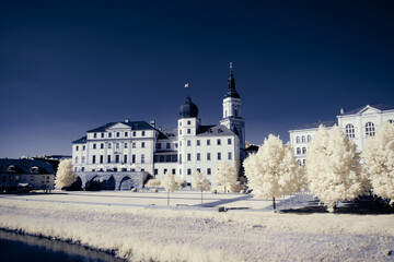 infrared photography - surreal ir photo of landscape with trees under cloudy sky - the art of our world and plants in the invisible infrared camera spectrum