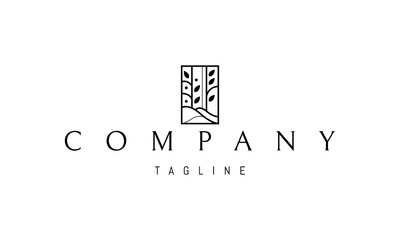 Vector logo on which an abstract image of hills and trees.