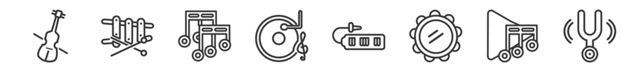 outline set of music line icons. linear vector icons such as double bass, xylophone, melody, vinyl, melodica, tuning fork. vector illustration.