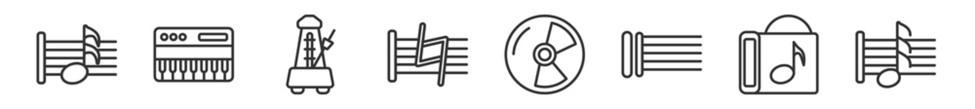 outline set of music and media line icons. linear vector icons such as sixteenth note, music keyboard, metronome, natural, dvd disc, thirty second note. vector illustration.