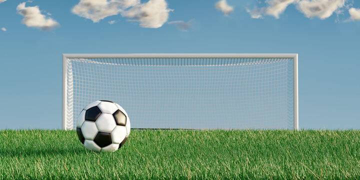 Football field with a goal in the back and a soccer ball in the foreground left. There is some space on the right, to add your own text. Background blue with clouds. 3D illustration.