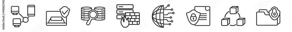 Poster outline set of internet security line icons. linear vector icons such as networking, email security,