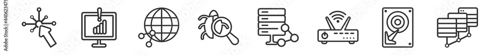 Poster outline set of networking line icons. linear vector icons such as interactive, connection error, net