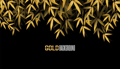 Golden Asian Bamboo Leaves on Black Background. Design Templates for tropical vacation, cards, posters, banners, flyers, presentations. Vector illustration.