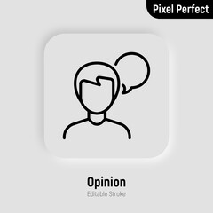 Customer feedback thin line icon. Man with speech bubble. Review, opinion. Pixel perfect, editable stroke. Vector illustration.