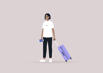 A young female passenger traveling with cabin luggage, passport, and boarding pass