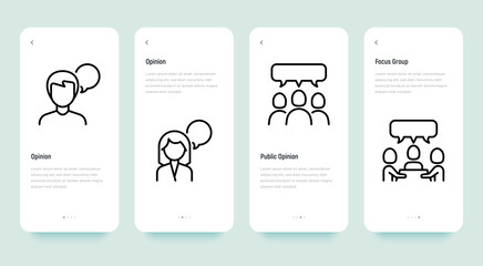 Testimonials mobile user interface with thin line icons set: women's user opinion, man's user opinion, group opinion, focus group.  Pixel perfect, editable stroke. Vector illustration.