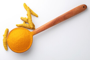 Indian spices, Turmeric powder or haldi powder Turmeric with roots 

