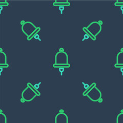 Line Ringing alarm bell icon isolated seamless pattern on blue background. Fire alarm system. Service bell, handbell sign, notification symbol. Vector