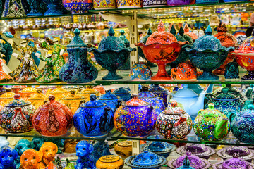 Fototapeta premium Many colorful souvenirs for sale at the bazaar in Turkey
