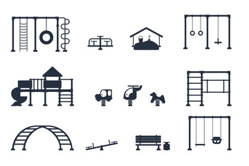 Kids playground. Set of black icons of playing equipment elements. City park concept. Vector illustration