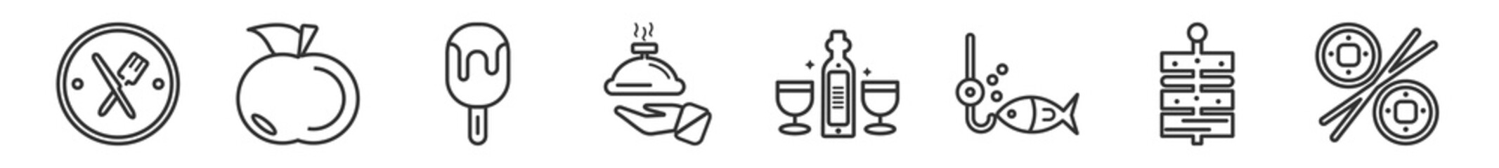 outline set of food line icons. linear vector icons such as knife and fork, apple with leaf, ice lolly, hotel service, wine glass and bottle, sushi roll. vector illustration. - obrazy, fototapety, plakaty