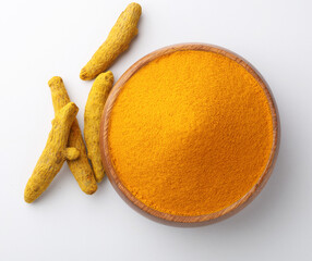 Indian spices, Turmeric powder or haldi powder Turmeric with roots 
