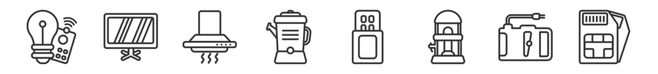 outline set of electronic devices line icons. linear vector icons such as smart light, smart tv, exhaust hood, percolator, usb wireless adapter, sim. vector illustration.