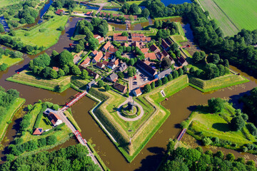Fototapeta na wymiar Aerial view from the drone of star-shaped Fort Bourtange, Groningen, The Netherlands